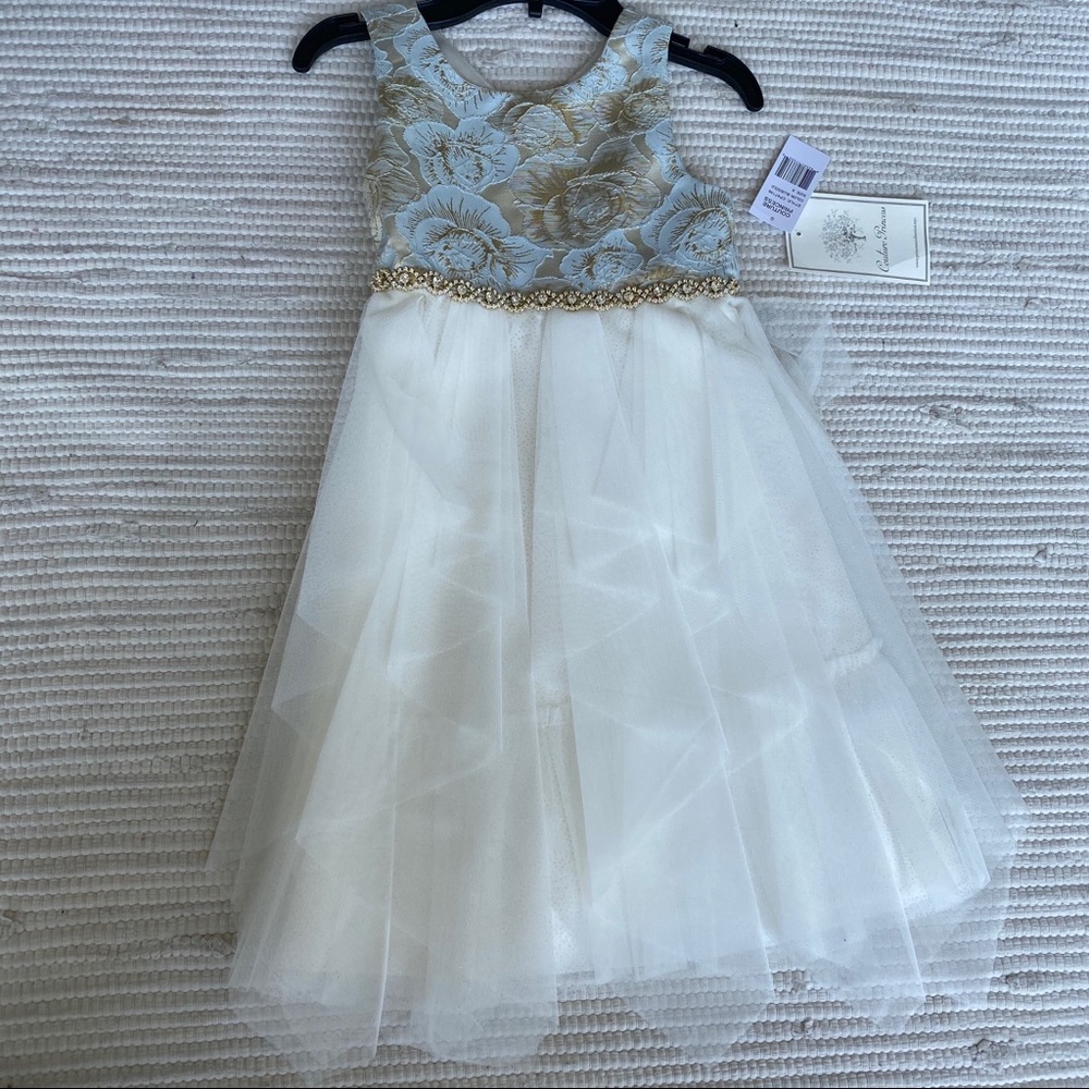Blue & Gold Floral Tiered A-Line Dress - Girls 6